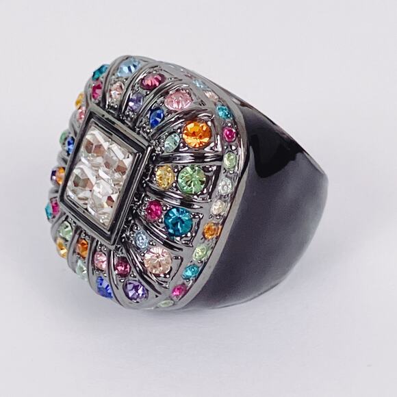 Y2K Princess Amanda Borghese Cocktail Ring Rainbow Rhinestones Gunmetal Size 7 - Picture 6 of 12